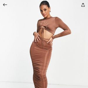 Missguided slinky jersey ruched two piece coord brown skirt set